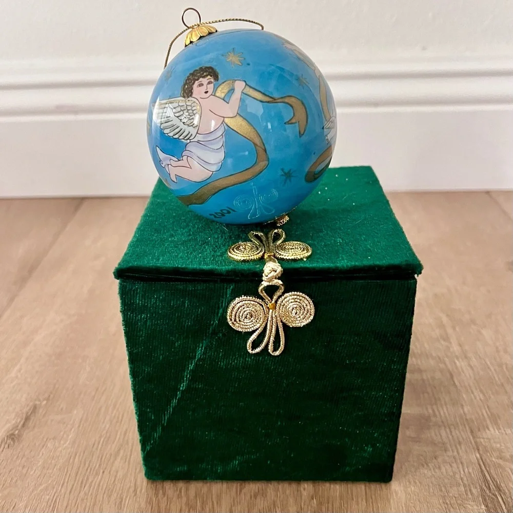 Pier 1 Imports Christmas Glass Ornament‎ Li Bien Blue Angle In Orignal Box